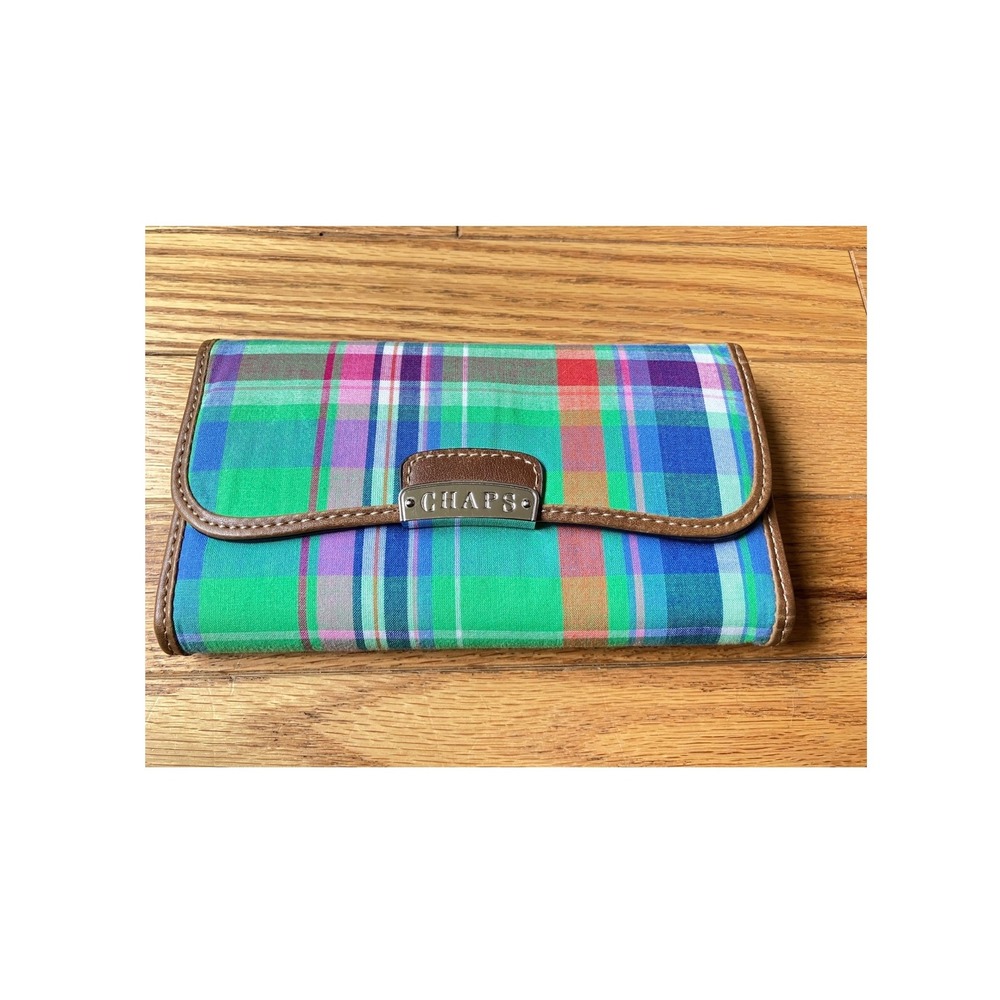 Chaps Trifold Wallet Multicolor Madras Plaid Canvas Preppy Snap Closure NWOTS